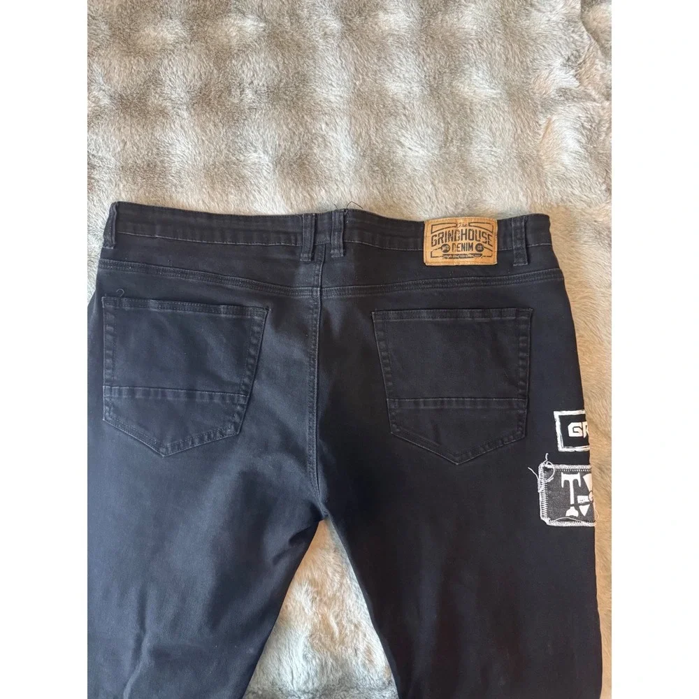 Grindhouse Denim Mens Black Graphic Patch Punk Streetwear Jeans Size 44x30-0592